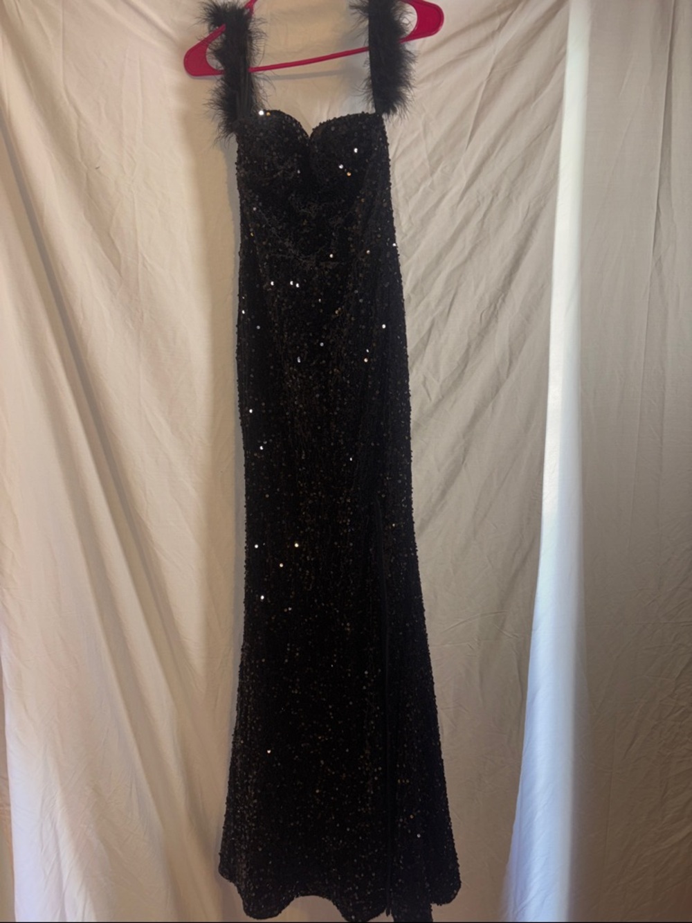 Black Sequin Strap Gown with Feather Trim
